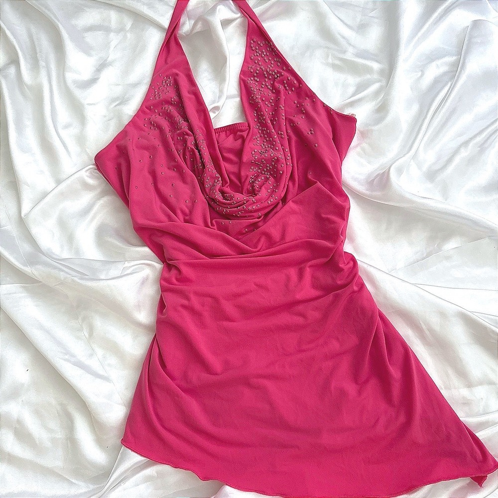 MKM Designs Hot Pink Halter Top Beaded Cowl Neck Asymmetrical Hem Large Vintage